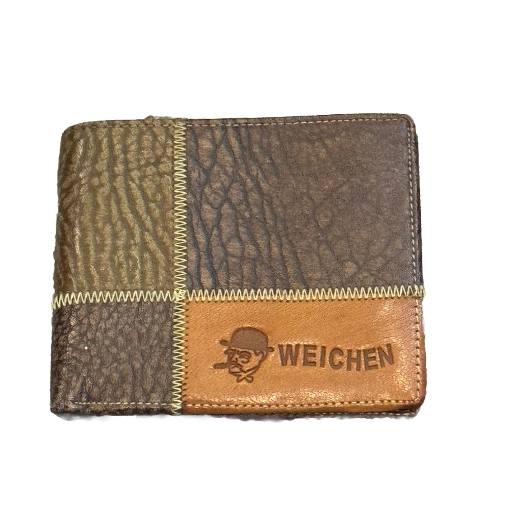 Weichen Men’s Bifold Brown Leather Pocket Wallet Patchwork Stitched Outside